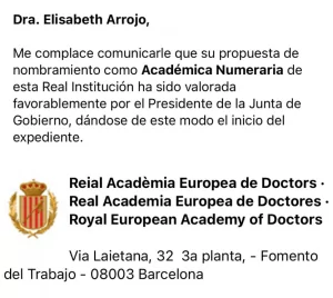 Dra Elisabeth Arrojo en el Hospital Valdecilla carta nombramiento miembro Real Academia Europea de Doctores