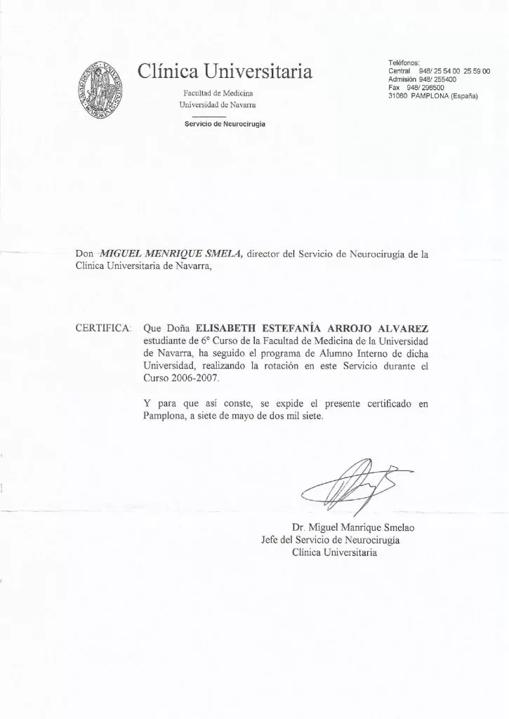 Dra Elisabeth Arrojo unica alumna interna en Neurocirugía en la Clinica Universidad de Navarra_CUN